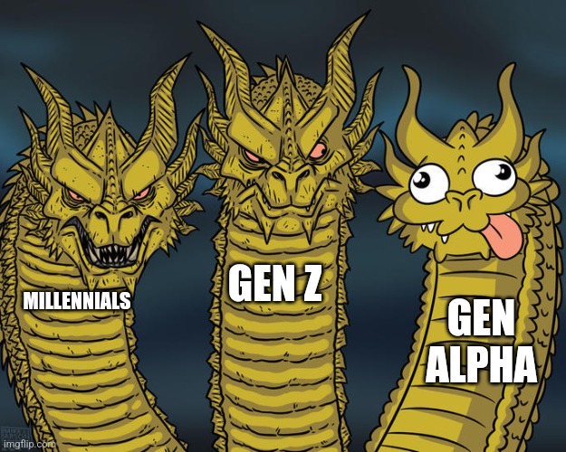 Three-headed Dragon | GEN Z; MILLENNIALS; GEN ALPHA | image tagged in three-headed dragon | made w/ Imgflip meme maker