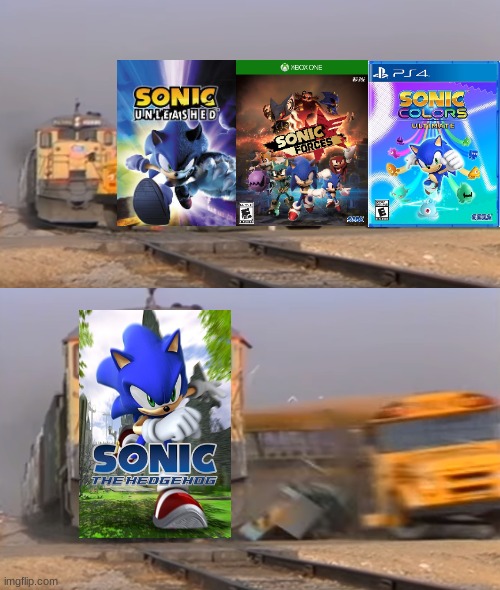 random sonic meme. | image tagged in a train hitting a school bus | made w/ Imgflip meme maker