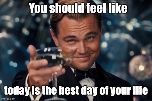 You're welcome | You should feel like; today is the best day of your life | image tagged in memes,leonardo dicaprio cheers,have a nice day | made w/ Imgflip meme maker