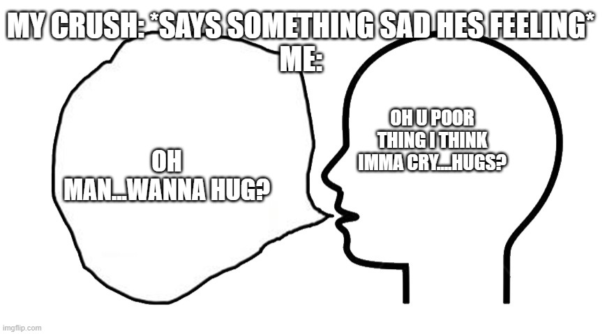 just stuff | MY CRUSH: *SAYS SOMETHING SAD HES FEELING*
ME:; OH U POOR THING I THINK IMMA CRY....HUGS? OH MAN...WANNA HUG? | image tagged in gay | made w/ Imgflip meme maker