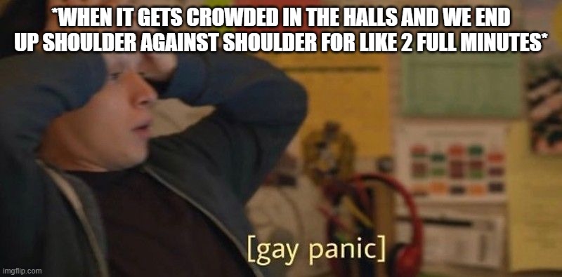 Gay panic | *WHEN IT GETS CROWDED IN THE HALLS AND WE END UP SHOULDER AGAINST SHOULDER FOR LIKE 2 FULL MINUTES* | image tagged in gay panic | made w/ Imgflip meme maker