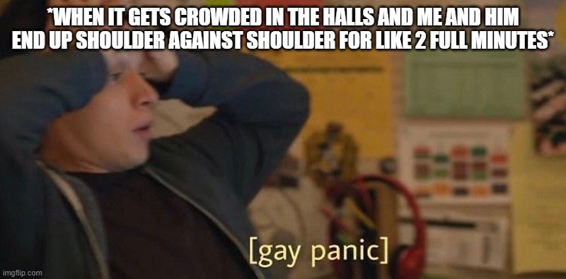 im so gay | *WHEN IT GETS CROWDED IN THE HALLS AND ME AND HIM END UP SHOULDER AGAINST SHOULDER FOR LIKE 2 FULL MINUTES* | image tagged in gay panic | made w/ Imgflip meme maker