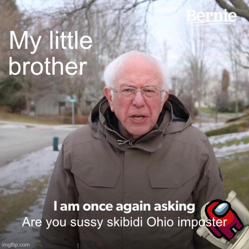 Idk why he constantly asks this and idk what it means | My little brother; Are you sussy skibidi Ohio imposter | image tagged in memes,bernie i am once again asking for your support | made w/ Imgflip meme maker