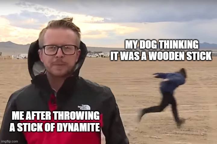uh-oh... | MY DOG THINKING  IT WAS A WOODEN STICK; ME AFTER THROWING A STICK OF DYNAMITE | image tagged in area 51 naruto runner | made w/ Imgflip meme maker
