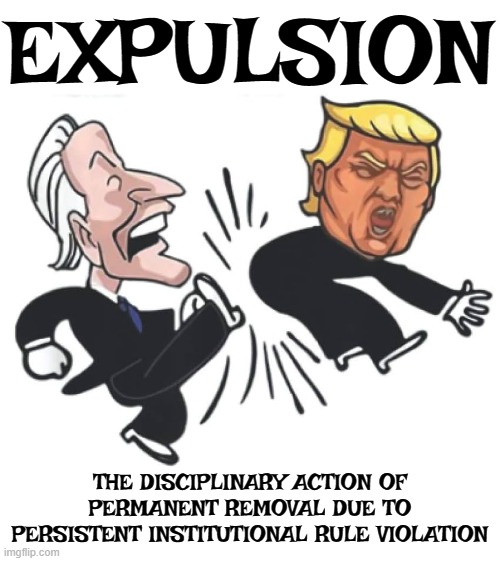E X P U L S I O N | EXPULSION; THE DISCIPLINARY ACTION OF PERMANENT REMOVAL DUE TO PERSISTENT INSTITUTIONAL RULE VIOLATION | image tagged in expulsion,remove,ban,prohibit,ejection,discharge | made w/ Imgflip meme maker