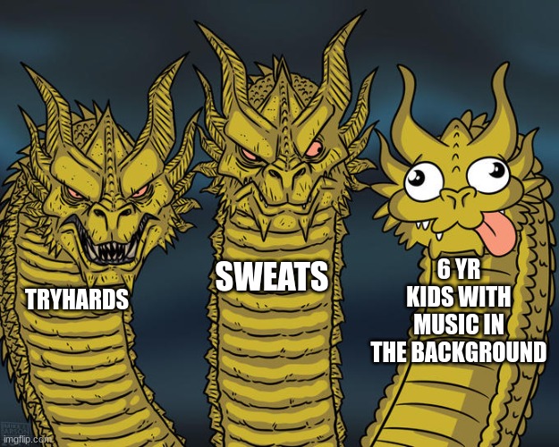 The gaming dilema | 6 YR KIDS WITH MUSIC IN THE BACKGROUND; SWEATS; TRYHARDS | image tagged in three-headed dragon | made w/ Imgflip meme maker