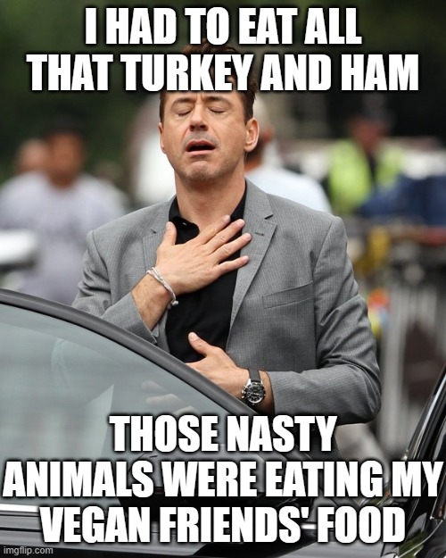 Relief | I HAD TO EAT ALL THAT TURKEY AND HAM; THOSE NASTY ANIMALS WERE EATING MY VEGAN FRIENDS' FOOD | image tagged in relief | made w/ Imgflip meme maker
