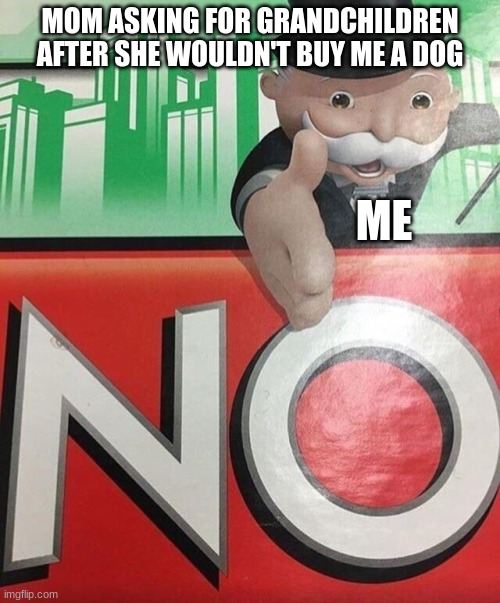 Monopoly No | MOM ASKING FOR GRANDCHILDREN AFTER SHE WOULDN'T BUY ME A DOG; ME | image tagged in monopoly no | made w/ Imgflip meme maker