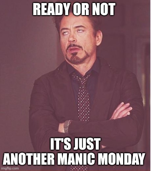 Face You Make Robert Downey Jr | READY OR NOT; IT'S JUST ANOTHER MANIC MONDAY | image tagged in memes,face you make robert downey jr | made w/ Imgflip meme maker