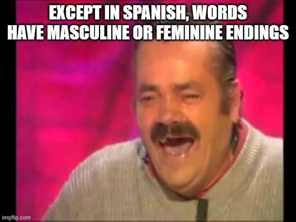 Spanish guy laughing | EXCEPT IN SPANISH, WORDS HAVE MASCULINE OR FEMININE ENDINGS | image tagged in spanish guy laughing | made w/ Imgflip meme maker