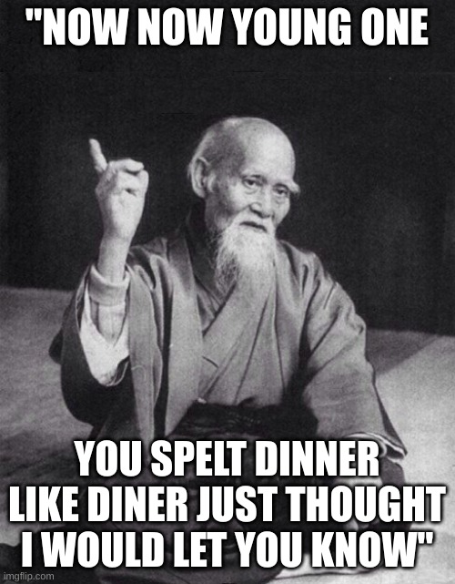 Wise Old Chinese Man | "NOW NOW YOUNG ONE YOU SPELT DINNER LIKE DINER JUST THOUGHT I WOULD LET YOU KNOW" | image tagged in wise old chinese man | made w/ Imgflip meme maker