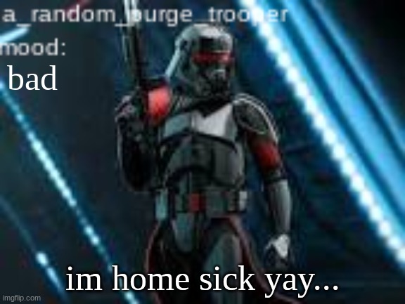 :( | bad; im home sick yay... | image tagged in a_random_purge_trooper temp | made w/ Imgflip meme maker