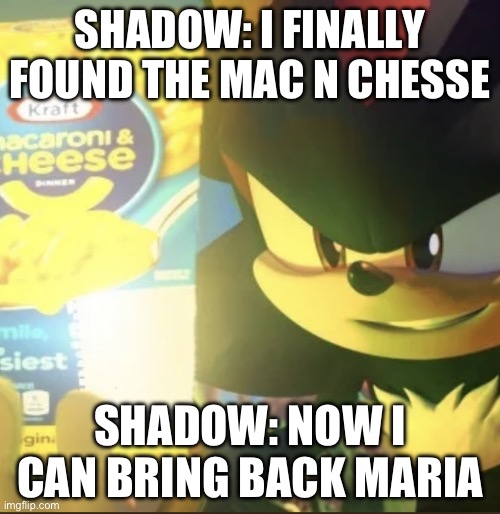 Shadow the hedgehog macaroni | SHADOW: I FINALLY FOUND THE MAC N CHESSE; SHADOW: NOW I CAN BRING BACK MARIA | image tagged in shadow the hedgehog macaroni | made w/ Imgflip meme maker