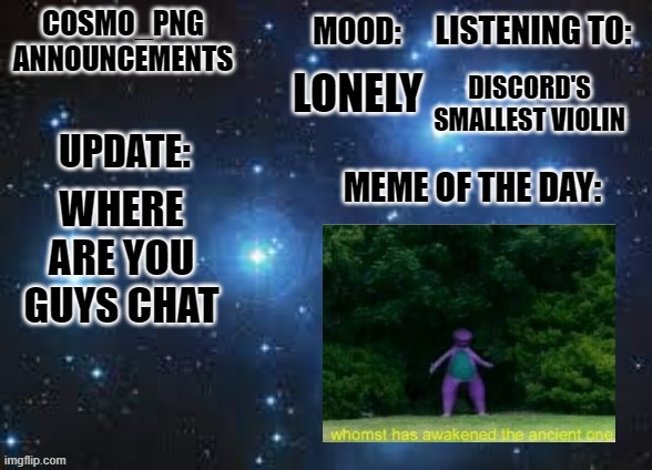 i'm really f'ing lonely | DISCORD'S SMALLEST VIOLIN; LONELY; WHERE ARE YOU GUYS CHAT | image tagged in cosmo_png announcement template | made w/ Imgflip meme maker
