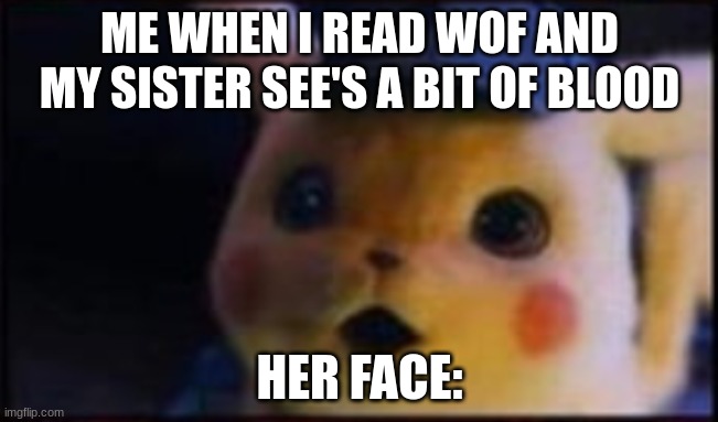 Sierra it is just blood its not the end of the world | ME WHEN I READ WOF AND MY SISTER SEE'S A BIT OF BLOOD; HER FACE: | image tagged in surprised pikachu irl,wof,wings of fire | made w/ Imgflip meme maker