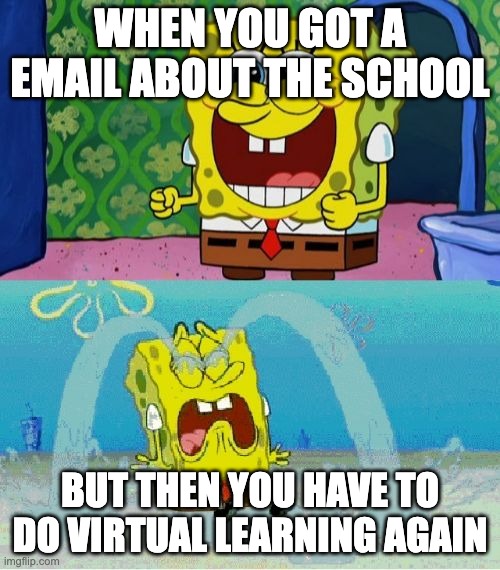 spongebob happy and sad | WHEN YOU GOT A EMAIL ABOUT THE SCHOOL; BUT THEN YOU HAVE TO DO VIRTUAL LEARNING AGAIN | image tagged in spongebob happy and sad | made w/ Imgflip meme maker