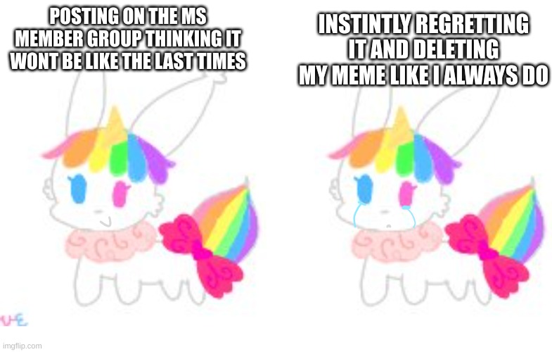 never changes- | INSTINTLY REGRETTING IT AND DELETING MY MEME LIKE I ALWAYS DO; POSTING ON THE MS MEMBER GROUP THINKING IT WONT BE LIKE THE LAST TIMES | image tagged in why | made w/ Imgflip meme maker