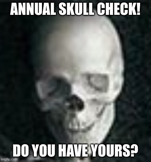 Skull | ANNUAL SKULL CHECK! DO YOU HAVE YOURS? | image tagged in skull | made w/ Imgflip meme maker