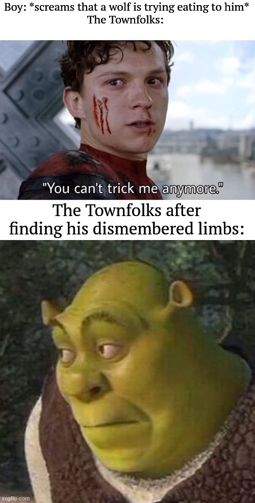 Boy: *screams that a wolf is trying eating to him*
The Townfolks:; The Townfolks after finding his dismembered limbs: | image tagged in you can't trick me anymore,shrek | made w/ Imgflip meme maker