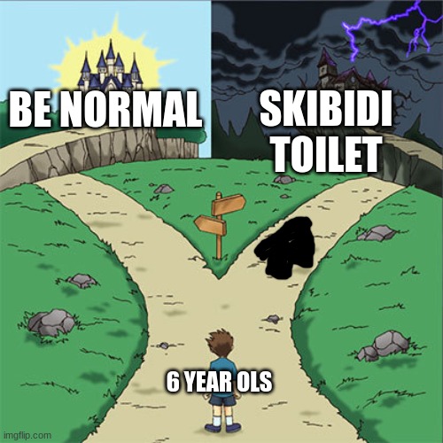 6 year olds | SKIBIDI TOILET; BE NORMAL; 6 YEAR OLS | image tagged in two paths,memes,skibidi toilet | made w/ Imgflip meme maker