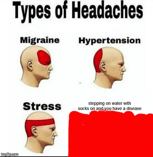 its painful im tellin ya | stepping on water with socks on and you have a disease | image tagged in types of headaches meme | made w/ Imgflip meme maker