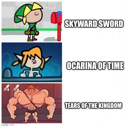 my opinion on zelda games. | SKYWARD SWORD; OCARINA OF TIME; TEARS OF THE KINGDOM | image tagged in terminalmontage link | made w/ Imgflip meme maker