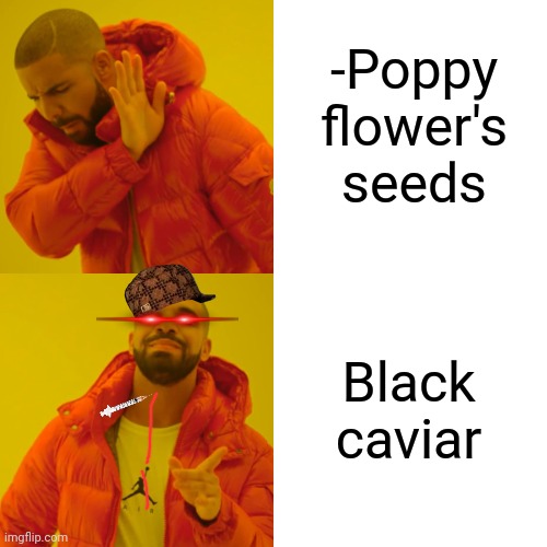 -For any weird narcoman. | -Poppy flower's seeds; Black caviar | image tagged in memes,drake hotline bling,black clover,poppy playtime,police chasing guy,don't do drugs | made w/ Imgflip meme maker