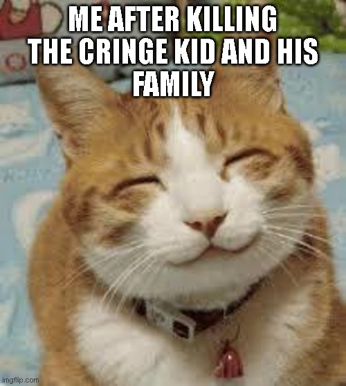 Kids always choose violence :)                make sure your not that kid either or you don't know what I have coming for you :) | ME AFTER KILLING
THE CRINGE KID AND HIS
FAMILY | image tagged in happy cat,meme,memes,funny,cat,relatable | made w/ Imgflip meme maker