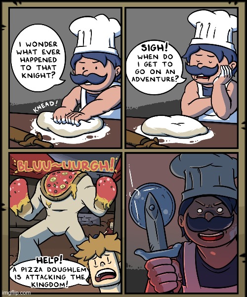 A pizza doughlem | image tagged in pizza,swords,sword,comics,comics/cartoons,knight | made w/ Imgflip meme maker