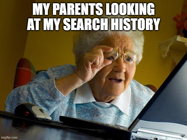 This won't end well | MY PARENTS LOOKING AT MY SEARCH HISTORY | image tagged in memes,grandma finds the internet | made w/ Imgflip meme maker