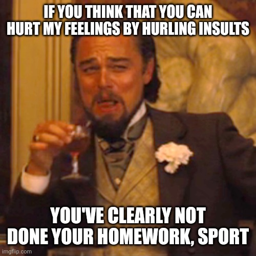 Haha | IF YOU THINK THAT YOU CAN HURT MY FEELINGS BY HURLING INSULTS; YOU'VE CLEARLY NOT DONE YOUR HOMEWORK, SPORT | image tagged in memes,laughing leo | made w/ Imgflip meme maker