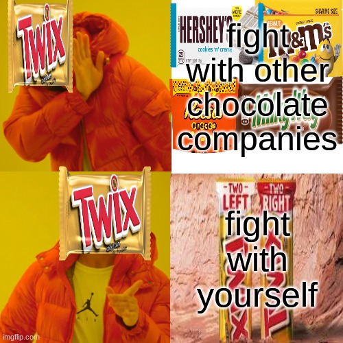 the best strategy | fight with other chocolate companies; fight with yourself | image tagged in memes,drake hotline bling,twix,funny | made w/ Imgflip meme maker
