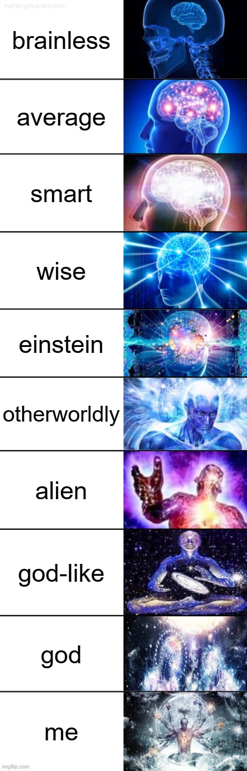 10-Tier Expanding Brain | brainless; average; smart; wise; einstein; otherworldly; alien; god-like; god; me | image tagged in 10-tier expanding brain | made w/ Imgflip meme maker