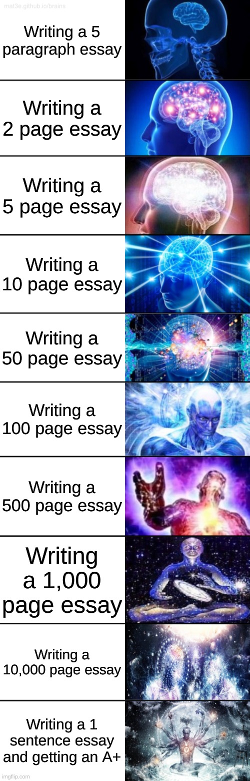 essaying | Writing a 5 paragraph essay; Writing a 2 page essay; Writing a 5 page essay; Writing a 10 page essay; Writing a 50 page essay; Writing a 100 page essay; Writing a 500 page essay; Writing a 1,000 page essay; Writing a 10,000 page essay; Writing a 1 sentence essay and getting an A+ | image tagged in 10-tier expanding brain | made w/ Imgflip meme maker