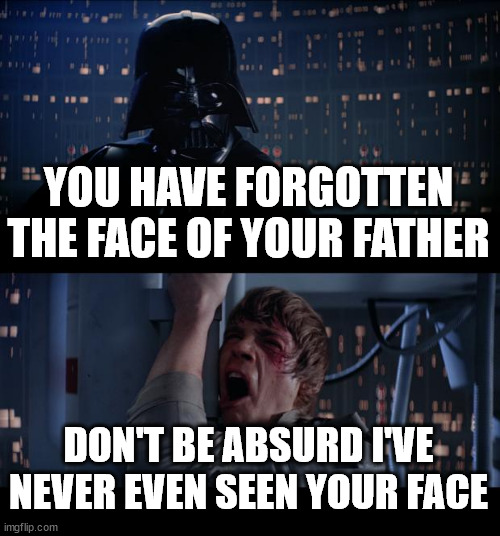 Star Wars No Meme | YOU HAVE FORGOTTEN THE FACE OF YOUR FATHER; DON'T BE ABSURD I'VE NEVER EVEN SEEN YOUR FACE | image tagged in memes,star wars no | made w/ Imgflip meme maker