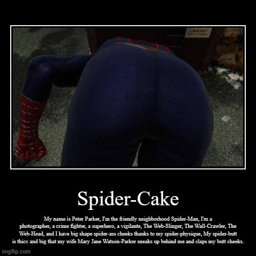 Spider-Cake | My name is Peter Parker, I'm the friendly neighborhood Spider-Man, I'm a photographer, a crime fighter, a superhero, a vigilan | image tagged in funny,demotivationals | made w/ Imgflip demotivational maker