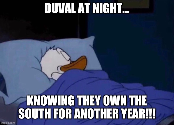 AFC South | DUVAL AT NIGHT…; KNOWING THEY OWN THE SOUTH FOR ANOTHER YEAR!!! | image tagged in sleeping donald duck | made w/ Imgflip meme maker