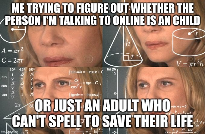 facts | ME TRYING TO FIGURE OUT WHETHER THE PERSON I'M TALKING TO ONLINE IS AN CHILD; OR JUST AN ADULT WHO CAN'T SPELL TO SAVE THEIR LIFE | image tagged in calculating meme | made w/ Imgflip meme maker