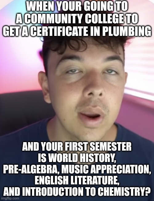 College Truth #8 - College takes a while because you WANT to spend years in classes that don't apply to your career? | WHEN YOUR GOING TO A COMMUNITY COLLEGE TO GET A CERTIFICATE IN PLUMBING; AND YOUR FIRST SEMESTER IS WORLD HISTORY, PRE-ALGEBRA, MUSIC APPRECIATION, ENGLISH LITERATURE, AND INTRODUCTION TO CHEMISTRY? | image tagged in college,life,expectation vs reality,hard choice to make,job,in the future | made w/ Imgflip meme maker
