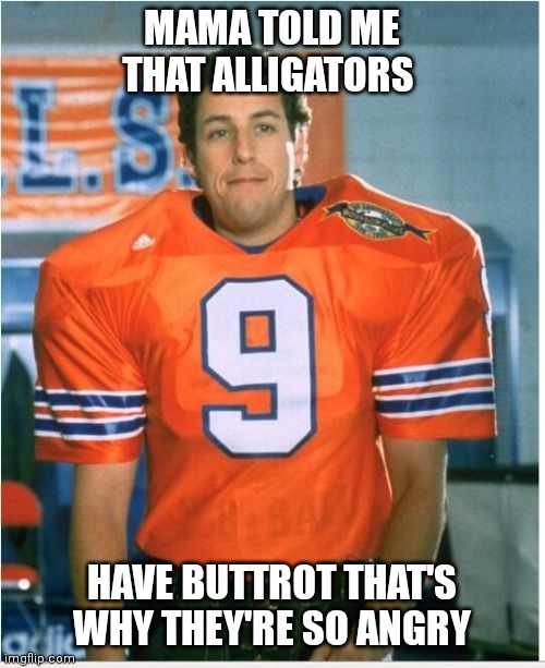 Bobby Boucher Buttrot | MAMA TOLD ME THAT ALLIGATORS; HAVE BUTTROT THAT'S WHY THEY'RE SO ANGRY | image tagged in bobby boucher,funny memes | made w/ Imgflip meme maker