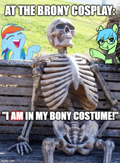 Waiting Skeleton | AT THE BRONY COSPLAY:; "I AM IN MY BONY COSTUME!"; AM | image tagged in memes,waiting skeleton | made w/ Imgflip meme maker