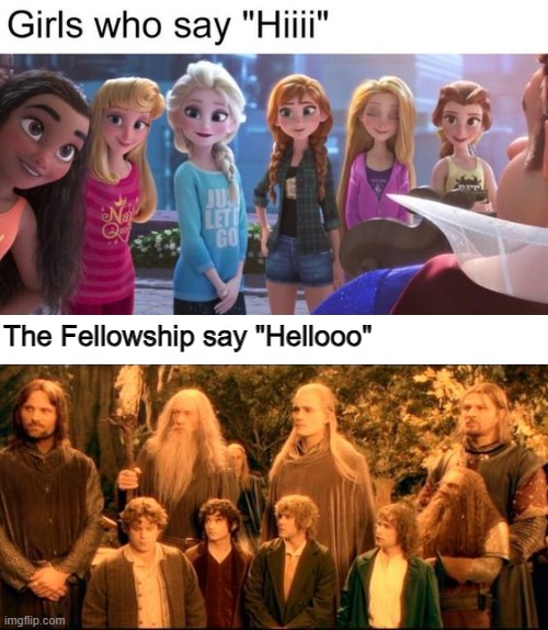 The Fellowship of the Ring | The Fellowship say "Hellooo" | image tagged in lord of the rings,disney,disney princess | made w/ Imgflip meme maker