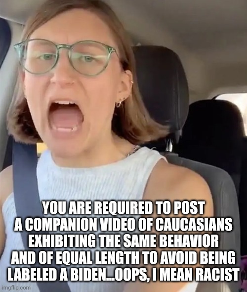 Unhinged Liberal Lunatic Idiot Woman Meltdown Screaming in Car | YOU ARE REQUIRED TO POST A COMPANION VIDEO OF CAUCASIANS EXHIBITING THE SAME BEHAVIOR AND OF EQUAL LENGTH TO AVOID BEING LABELED A BIDEN...O | image tagged in unhinged liberal lunatic idiot woman meltdown screaming in car | made w/ Imgflip meme maker