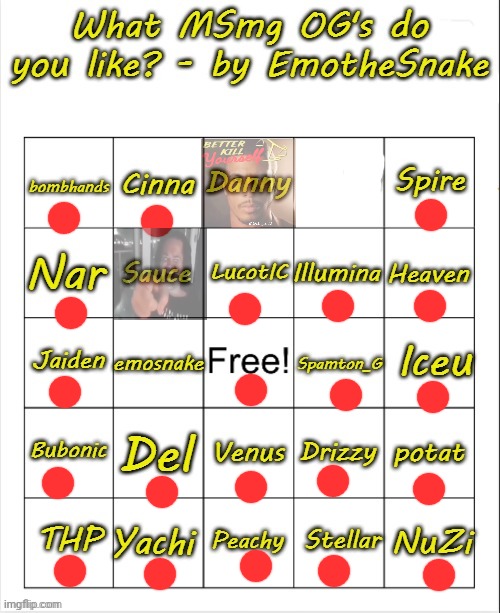 What MSmg OG's do you like? - bingo by EmotheSnake | image tagged in what msmg og's do you like - bingo by emothesnake | made w/ Imgflip meme maker