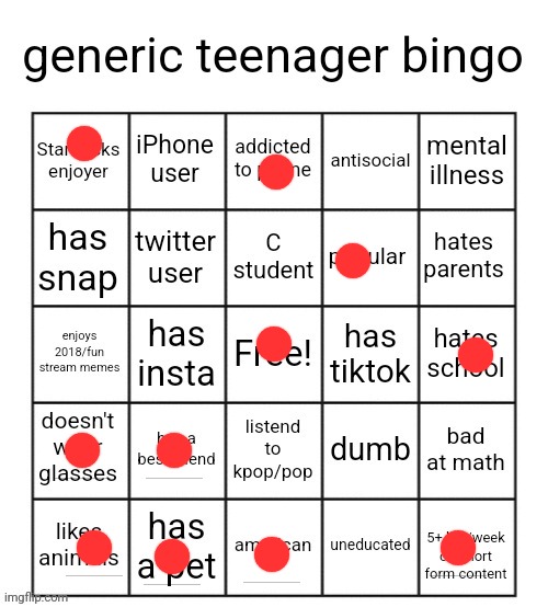 generic teenager bingo | image tagged in generic teenager bingo | made w/ Imgflip meme maker
