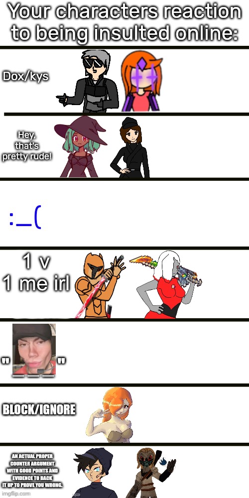 I needed to make this | 1 v 1 me irl | image tagged in insult reaction | made w/ Imgflip meme maker