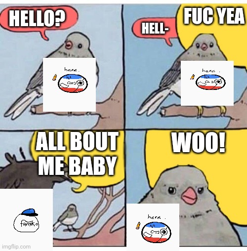 annoyed bird | FUC YEA; HELLO? HELL-; ALL BOUT ME BABY; WOO! | image tagged in annoyed bird | made w/ Imgflip meme maker