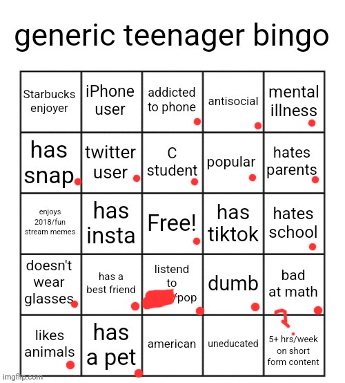 generic teenager bingo | image tagged in generic teenager bingo | made w/ Imgflip meme maker