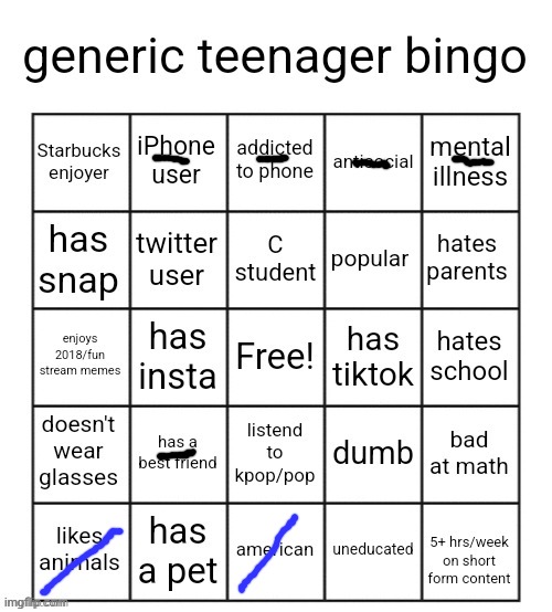 generic teenager bingo | image tagged in generic teenager bingo | made w/ Imgflip meme maker