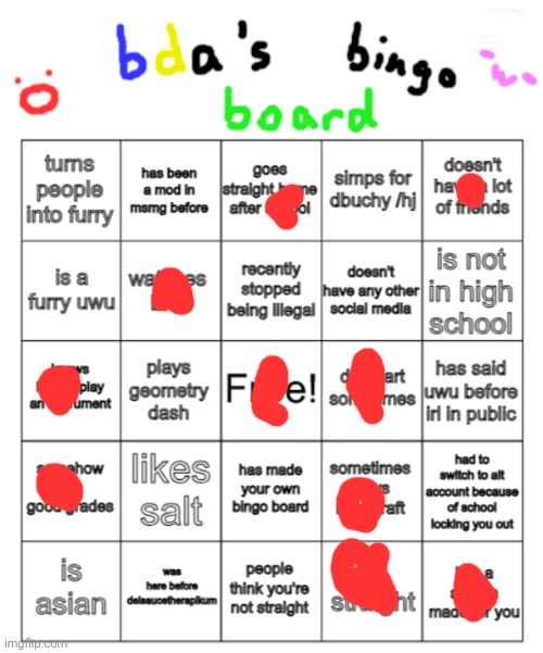 bda bingo board | image tagged in bda bingo board | made w/ Imgflip meme maker